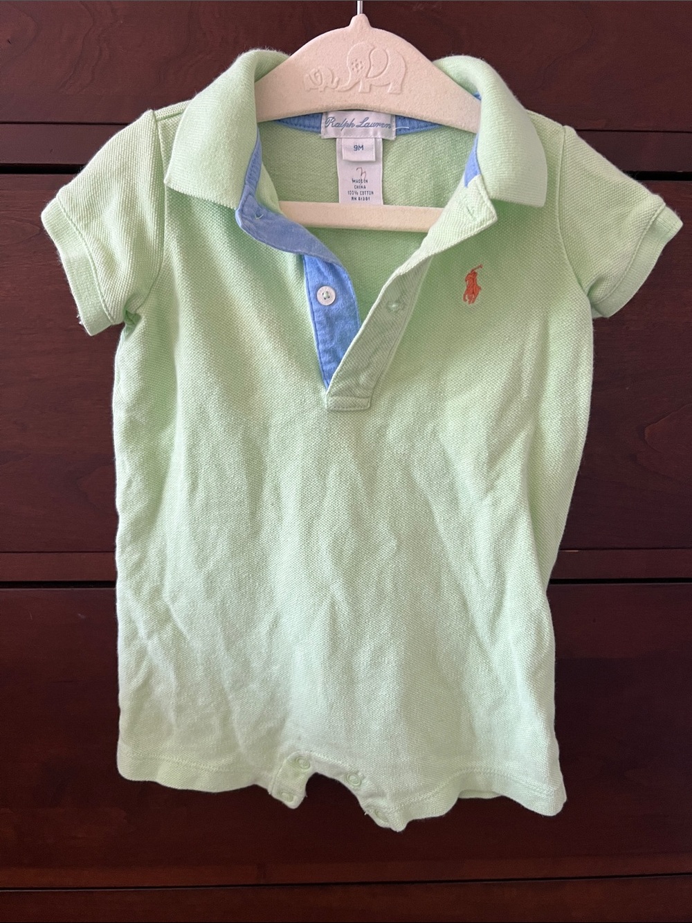 Ralph Lauren Lime Green Baby Polo Romper with Blue Placket